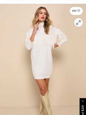 Lulu's Ivory Fringe Turtleneck Sweater Dress